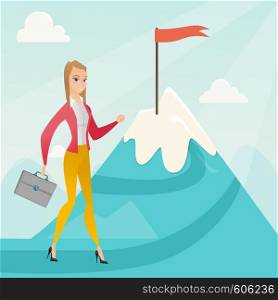 Young caucasian business woman climbing on the peak of mountain with the flag symbolizing business motivation. Business motivation concept. Vector flat design illustration. Square layout.. Businesswoman running to her business goal.