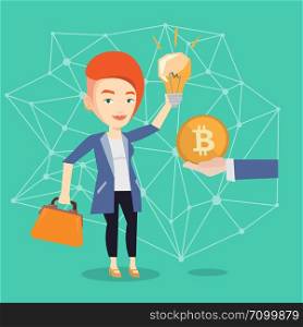 Young caucasian business woman getting investment in the form of bitcoin coin for her startup business project. Concept of investment, startup, ICO initial coin offering. Vector cartoon illustration.. Caucasian woman getting bitcoin coin for start up.