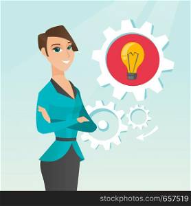 Young caucasian business woman having a creative idea. Happy business woman with business idea lightbulb in a cogwheel. Concept of successful business idea. Vector cartoon illustration. Square layout.. Caucasian woman with business idea bulb in gear.