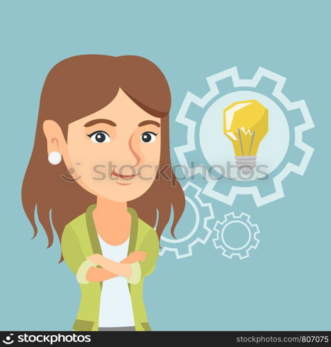 Young caucasian business woman having a creative idea. Happy business woman with a business idea lightbulb in a cogwheel. Successful business idea concept. Vector cartoon illustration. Square layout.. Caucasian woman with a business idea bulb in gear.