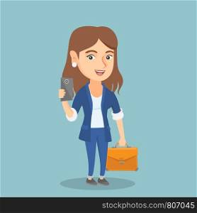 Young caucasian business woman holding a mobile phone. Full length of business woman making selfie with a mobile phone. Business woman using a mobile phone. Vector cartoon illustration. Square layout.. Caucasian business woman holding a mobile phone.
