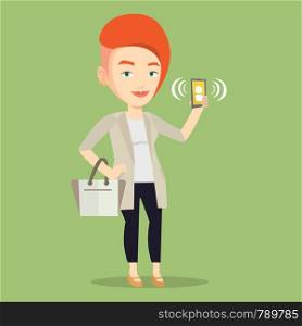 Young caucasian business woman holding ringing mobile phone. Business woman answering a phone call. Business woman standing with ringing phone in hand. Vector flat design illustration. Square layout.. Woman holding ringing mobile phone.