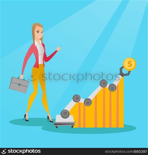 Young caucasian business woman looking at profit chart with robotic arm. Concept of receiving a profit from the use of robotic technologies. Vector cartoon illustration. Square layout.. Woman looking at profit chart with robotic arm.