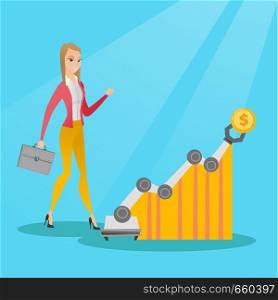 Young caucasian business woman looking at profit chart with robotic arm. Concept of receiving a profit from the use of robotic technologies. Vector cartoon illustration. Square layout.. Woman looking at profit chart with robotic arm.