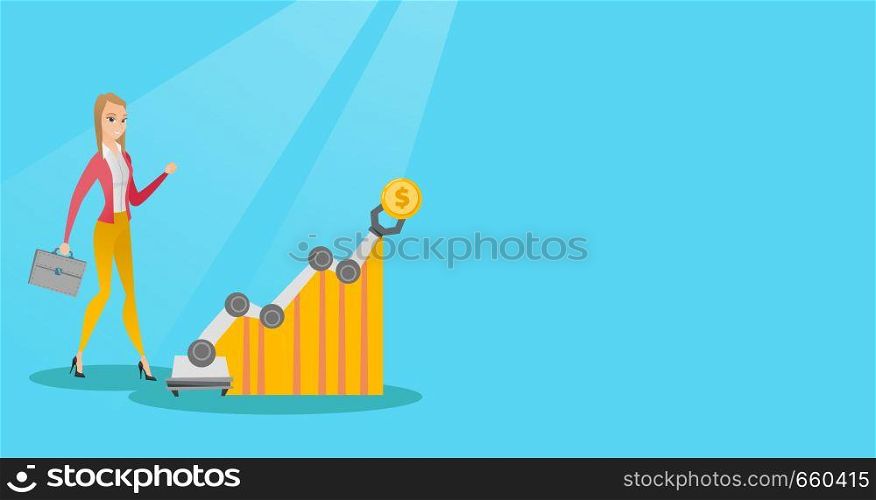 Young caucasian business woman looking at profit chart with robotic arm. Concept of receiving a profit from the use of robotic technologies. Vector cartoon illustration. Horizontal layout.. Woman looking at profit chart with robotic arm.