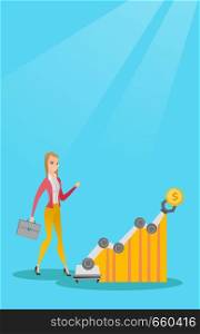 Young caucasian business woman looking at profit chart with robotic arm. Concept of receiving a profit from the use of robotic technologies. Vector cartoon illustration. Vertical layout.. Woman looking at profit chart with robotic arm.