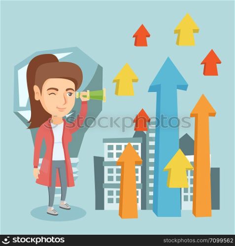 Young caucasian business woman looking through spyglass at arrows going up and idea bulb. Business woman looking for creative idea. Business idea concept. Vector cartoon illustration. Square layout.. Woman looking through spyglass on raising arrows.