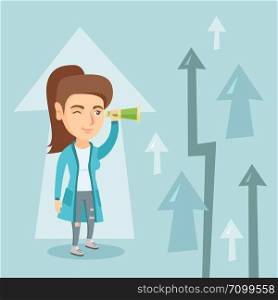Young caucasian business woman looking through spyglass on arrows going up symbolizing business opportunities. Business vision and opportunities concept. Vector cartoon illustration. Square layout.. Woman looking through spyglass on raising arrows.