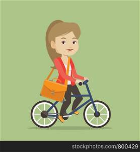 Young caucasian business woman riding a bicycle. Cyclist riding a bicycle. Business woman with briefcase on a bicycle. Healthy lifestyle concept. Vector flat design illustration. Square layout.. Woman riding bicycle vector illustration.