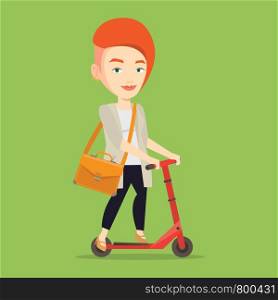 Young caucasian business woman riding a kick scooter. Business woman with briefcase riding to work on kick scooter. Business woman on a kick scooter. Vector flat design illustration. Square layout.. Woman riding kick scooter vector illustration.
