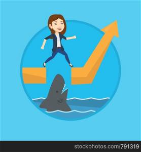 Young caucasian business woman running on ascending graph and jumping over gap. Business woman jumping over ocean with shark. Vector flat design illustration in the circle isolated on background.. Business woman jumping over ocean with shark.