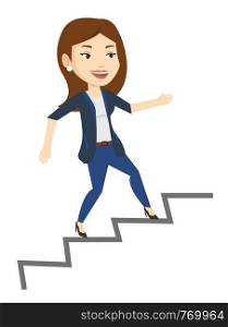 Young caucasian business woman running up the career ladder. Happy business woman climbing the career ladder. Concept of business career. Vector flat design illustration isolated on white background.. Business woman running up the career ladder.