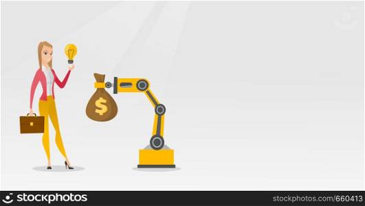 Young caucasian business woman selling idea of engineering of robotic hand. Happy business woman exchanging idea in robotic technologies for a money bag. Vector cartoon illustration. Horizontal layout. Woman selling idea of engineering of robotic hand.