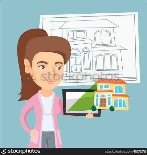 Young caucasian business woman showing a digital tablet with a house photo. Real estate agent holding a digital tablet with a house photo. Vector cartoon illustration. Square layout.. Woman showing a digital tablet with house photo.