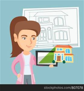 Young caucasian business woman showing a digital tablet with a house photo. Real estate agent holding a digital tablet with a house photo. Vector cartoon illustration. Square layout.. Woman showing a digital tablet with house photo.