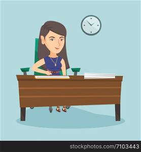 Young caucasian business woman signing a contract. Woman is about to sign a business contract. Confirmation of transaction by signing of business contract. Vector cartoon illustration. Square layout.. Young caucasian business woman signing documents.