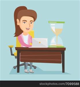 Young caucasian business woman sitting at the table with hourglass symbolizing deadline. Business woman coping with deadline successfully. Deadline concept. Vector cartoon illustration. Square layout.. Young caucasian business woman working in office.