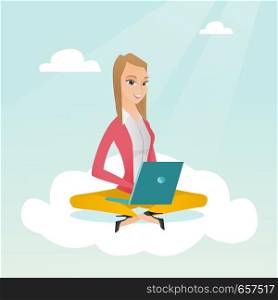 Young caucasian business woman sitting on a cloud and working on a laptop. Business woman using cloud computing technologies. Concept of cloud computing. Vector cartoon illustration. Square layout.. Caucasian woman using cloud computing technologies