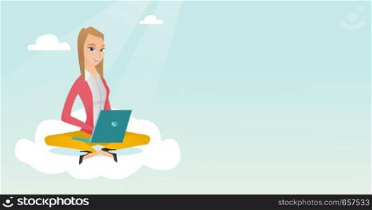 Young caucasian business woman sitting on a cloud and working on a laptop. Business woman using cloud computing technologies. Concept of cloud computing. Vector cartoon illustration. Horizontal layout. Caucasian woman using cloud computing technologies