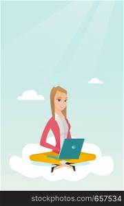 Young caucasian business woman sitting on a cloud and working on a laptop. Business woman using cloud computing technologies. Concept of cloud computing. Vector cartoon illustration. Vertical layout.. Caucasian woman using cloud computing technologies