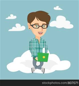 Young caucasian business woman sitting on the cloud and working on a laptop. Business woman using cloud computing technologies. Concept of cloud computing. Vector cartoon illustration. Square layout.. Caucasian woman using cloud computing technologies