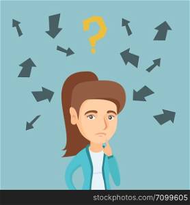 Young caucasian business woman standing under question mark and arrows and thinking. Thoughtful businesswoman surrounded by question mark and arrows. Vector cartoon illustration. Square layout.. Young caucasian business woman thinking.