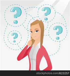 Young caucasian business woman thinking. Thinking business woman standing under question marks. Thinking business woman surrounded by question marks. Vector flat design illustration. Square layout.. Young business woman thinking vector illustration.
