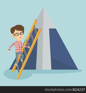 Young caucasian business woman using a ladder to climb the mountain with arrow going up. Business woman climbing upward on the top of mountain. Vector cartoon illustration. Square layout.. Caucasian business woman climbing the mountain.