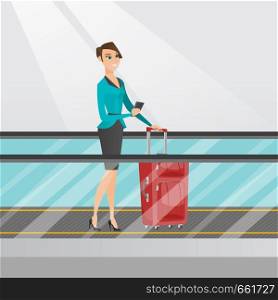 Young caucasian business woman using smartphone on escalator at the airport. Business woman standing on escalator with suitcase and looking at smartphone. Vector cartoon illustration. Square layout.. Woman using smartphone on escalator at the airport