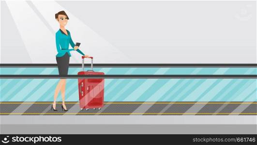 Young caucasian business woman using smartphone on escalator at the airport. Woman standing on escalator with suitcase and looking at smartphone. Vector cartoon illustration. Horizontal layout.. Woman using smartphone on escalator at the airport