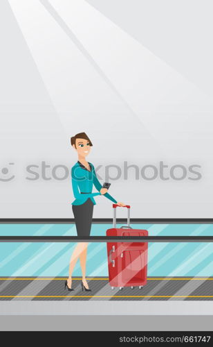 Young caucasian business woman using smartphone on escalator at the airport. Business woman standing on escalator with suitcase and looking at smartphone. Vector cartoon illustration. Vertical layout.. Woman using smartphone on escalator at the airport