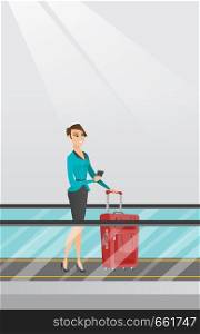 Young caucasian business woman using smartphone on escalator at the airport. Business woman standing on escalator with suitcase and looking at smartphone. Vector cartoon illustration. Vertical layout.. Woman using smartphone on escalator at the airport
