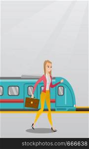Young caucasian business woman walking on railway station platform on the background of train. Happy business woman with briefcase going out of the train. Vector cartoon illustration. Vertical layout.. Young woman walking on a railway station platform.