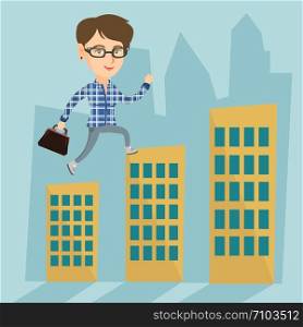 Young caucasian business woman walking on the roofs of buildings over a cityscape representing business success. Happy business woman going to success. Vector cartoon illustration. Square layout.. Business woman walking on the roofs of buildings.