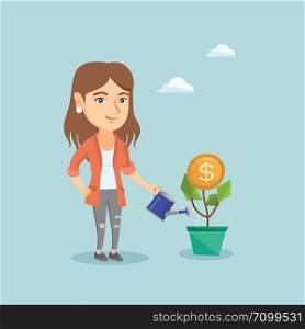 Young caucasian business woman watering money flower. Woman investing in business project. Illustration of investment money in business. Investment concept. Vector cartoon illustration. Square layout.. Caucasian business woman watering money flower.