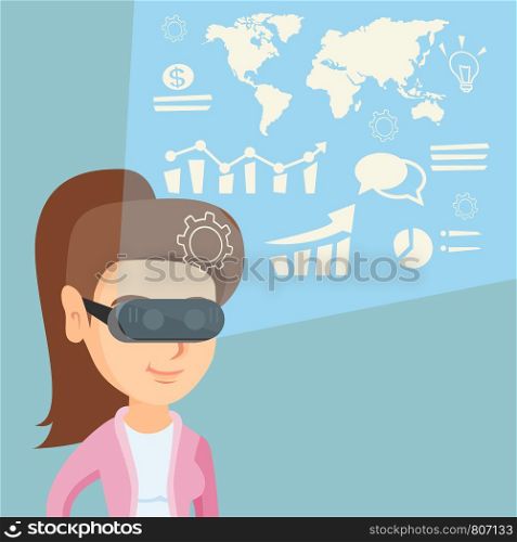 Young caucasian business woman wearing virtual reality headset and looking at digital display with business graphs. Business woman analyzing virtual data. Vector cartoon illustration. Square layout.. Young woman in vr headset analyzing virtual data.