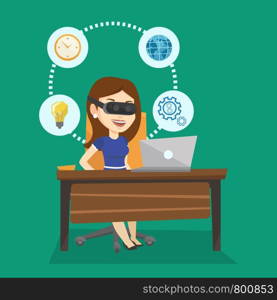 Young caucasian business woman wearing virtual reality headset and working on computer. Happy business woman using virtual reality device in office. Vector flat design illustration. Square layout.. Business woman in vr headset working on computer.