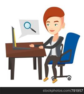Young caucasian business woman working on a laptop in office and searching information on internet. Internet search and job search concept. Vector flat design illustration isolated on white background. Business woman working on her laptop.