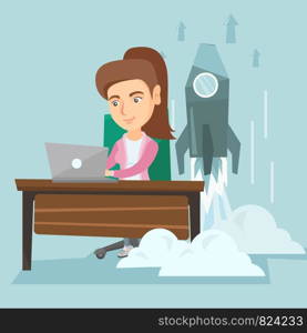 Young caucasian business woman working on a laptop on a new business start up while rocket taking off behind her back. Business start up, innovation concept. Vector cartoon illustration. Square layout. Woman working on a laptop on a business start up.