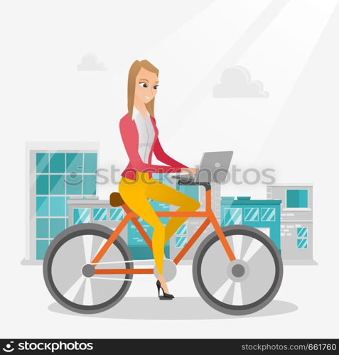 Young caucasian business woman working on a laptop while riding a bicycle. Woman riding a bicycle to work. Business woman riding a bicycle in the city. Vector cartoon illustration. Square layout.. Business woman riding a bicycle with a laptop.