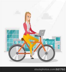 Young caucasian business woman working on a laptop while riding a bicycle. Woman riding a bicycle to work. Business woman riding a bicycle in the city. Vector cartoon illustration. Square layout.. Business woman riding a bicycle with a laptop.