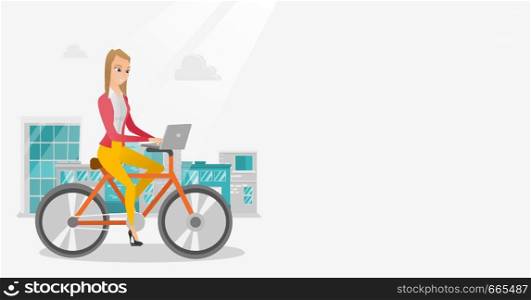 Young caucasian business woman working on a laptop while riding a bicycle. Woman riding a bicycle to work. Business woman riding a bicycle in the city. Vector cartoon illustration. Horizontal layout.. Business woman riding a bicycle with a laptop.