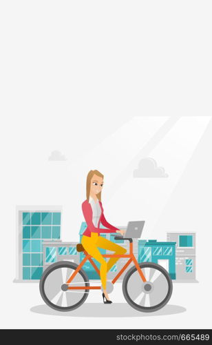 Young caucasian business woman working on a laptop while riding a bicycle. Woman riding a bicycle to work. Business woman riding a bicycle in the city. Vector cartoon illustration. Vertical layout.. Business woman riding a bicycle with a laptop.