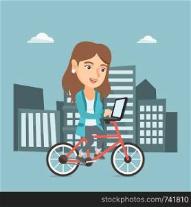 Young caucasian business woman working on a laptop while riding a bicycle. Woman riding a bicycle to work. Business woman riding a bicycle in the city. Vector cartoon illustration. Square layout.. Business woman riding a bicycle with a laptop.