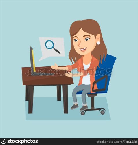 Young caucasian business woman working on her laptop in office and searching information through the internet. Internet search and job search concept. Vector cartoon illustration. Square layout.. Caucasian woman searching information on a laptop.