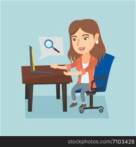 Young caucasian business woman working on her laptop in office and searching information through the internet. Internet search and job search concept. Vector cartoon illustration. Square layout.. Caucasian woman searching information on a laptop.