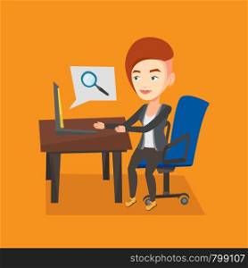Young caucasian business woman working on her laptop in office and searching information on internet. Internet search and job search concept. Vector flat design illustration. Square layout.. Business woman working on her laptop.