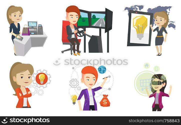 Young caucasian business woman writing on a virtual screen. Business woman drawing a cloud computing diagram on a virtual screen. Set of vector flat design illustrations isolated on white background.. Vector set of people using modern technologies.