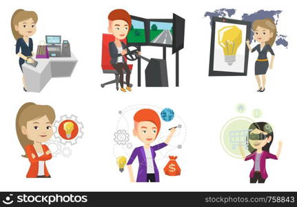Young caucasian business woman writing on a virtual screen. Business woman drawing a cloud computing diagram on a virtual screen. Set of vector flat design illustrations isolated on white background.. Vector set of people using modern technologies.
