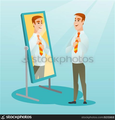 Young caucasian businessman adjusting tie in front of the mirror. Business man looking himself in the mirror. Man checking his appearance in the mirror. Vector flat design illustration. Square layout.. Business man looking himself in the mirror.